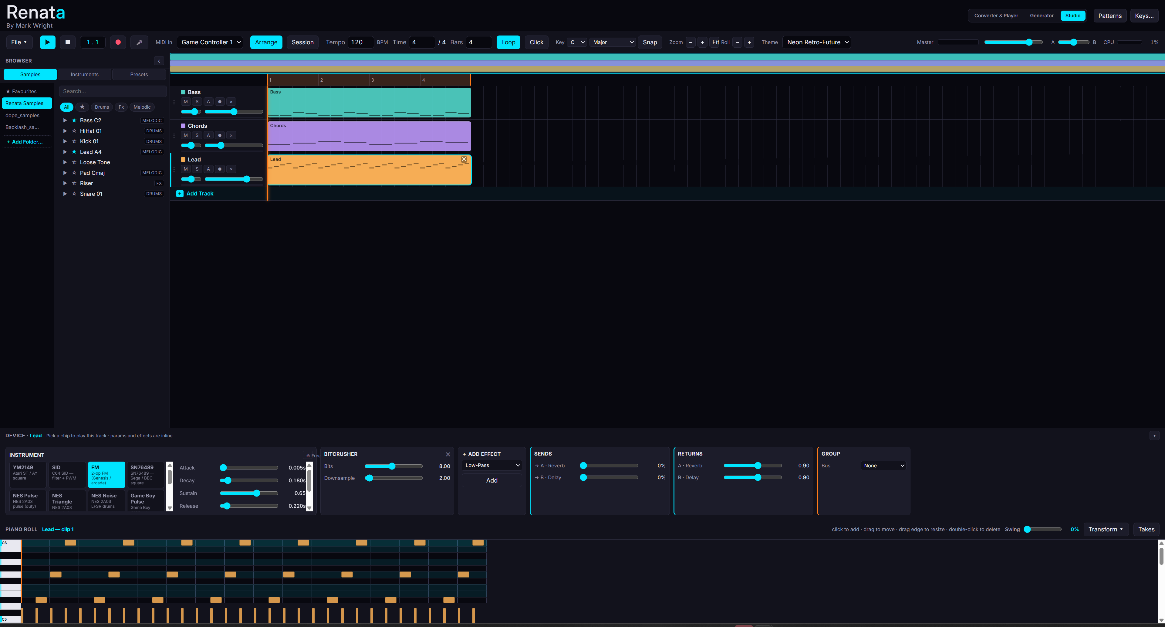 Renata Studio's Arrangement view: multi-track timeline with chip instruments, clips, mixer controls and a piano-roll editor